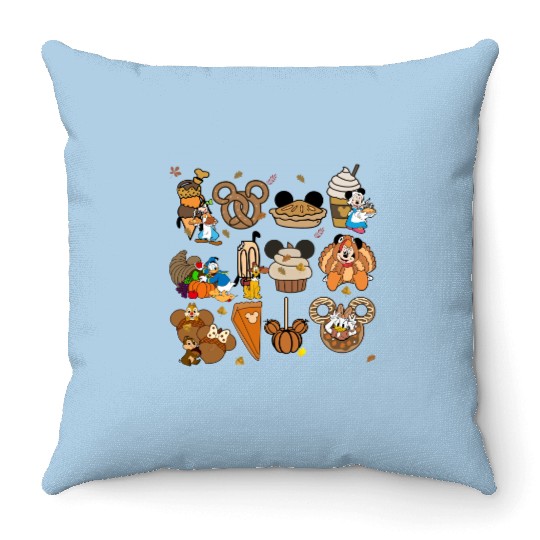 Disney Thanksgiving Throw Pillows, Disney Fall Vibes Throw Pillows, Mickey Mouse Pumpkin Drink Throw Pillows
