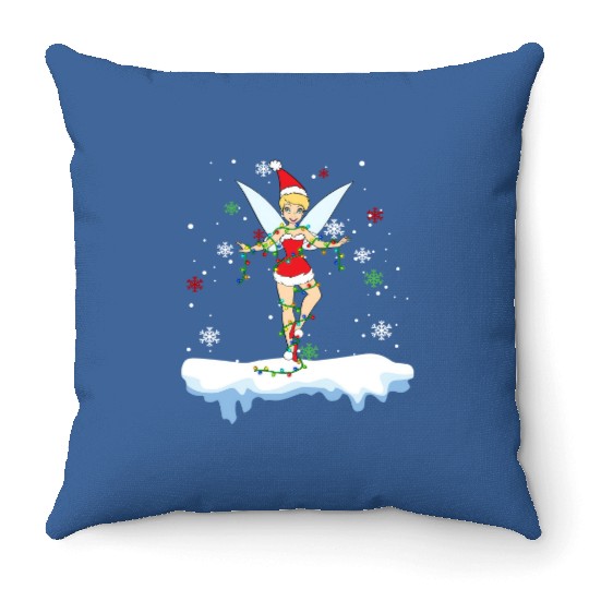 Disney Santa Tinker Bell Christmas Lights Throw Pillows, Peter Pan Tinker Bell Snow Throw Pillows