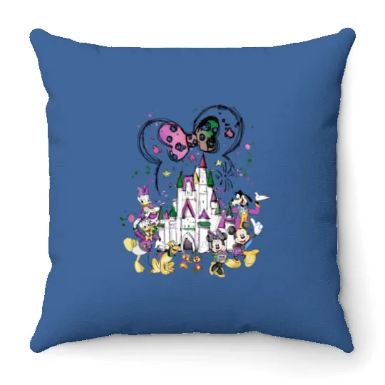 Disney Mardi Gras Watercolor Throw Pillows, Disney Castle Mardi Gras, Mickey and Friends Mardi Gras Throw Pillows