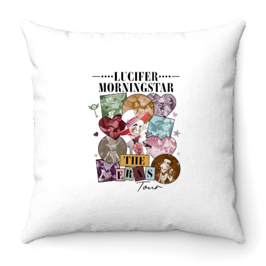 Discover Funny Lucifer Morningstar Hazbin Hotel Characters The Eras Tour Style Throw Pillows
