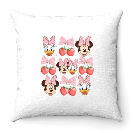 Vintage Minnie And Daisy Pink Bow Throw Pillows, Disney Coquette Strawberry Throw Pillows