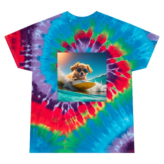 A cute hyper golden dog surfing in the sea Tie Dye T Shirts