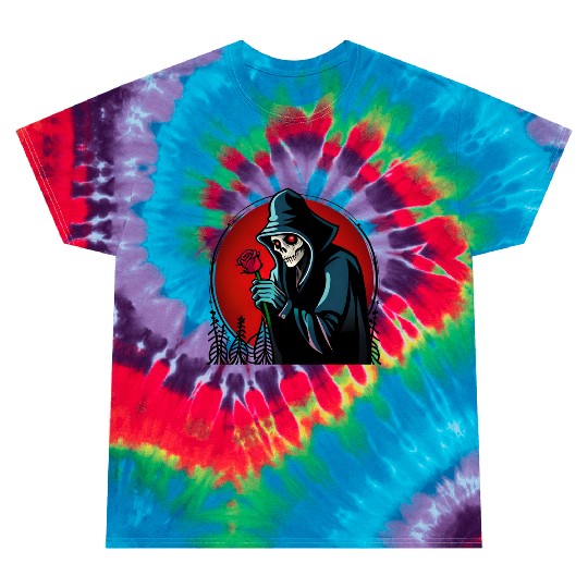 Symbolic Contrast A Grim Reaper Embracing a Rose Tie Dye T Shirts