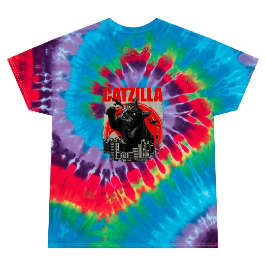 Catzilla Vintage Funny Cute Cat Art Japanese Sunse Tie Dye T Shirts