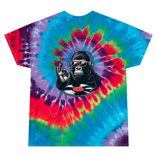 DJ Gorilla hard beats with Record player and Vinyl Tie Dye T Shirts