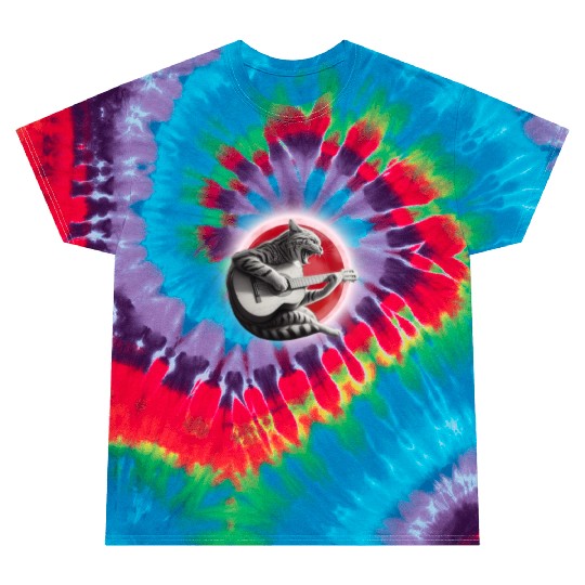 Rock Cat Playing Guitar Tie Dye T Shirts under the red moon