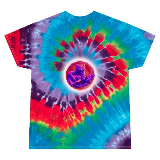 Rock Cat Playing Guitar Tie Dye T Shirts under the red moon