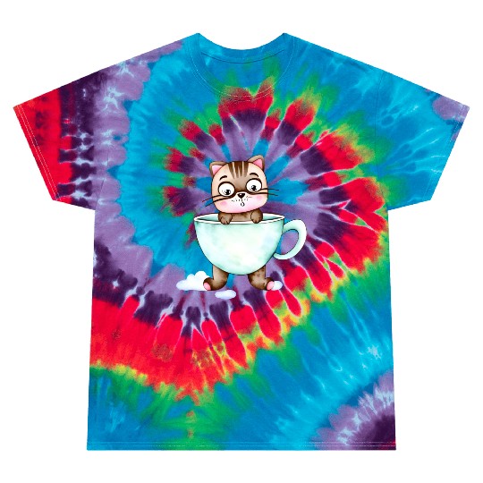 Surprised Silly Cat Wearing Coffee Cup Tie Dye T Shirts