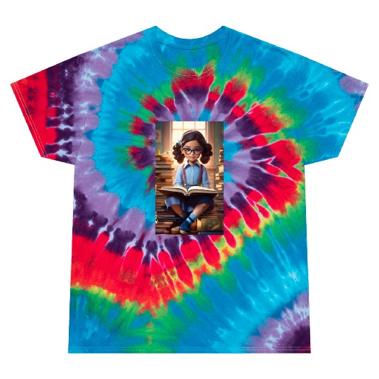A sweet 5 year old girl wearing a light blue butto Tie Dye T Shirts