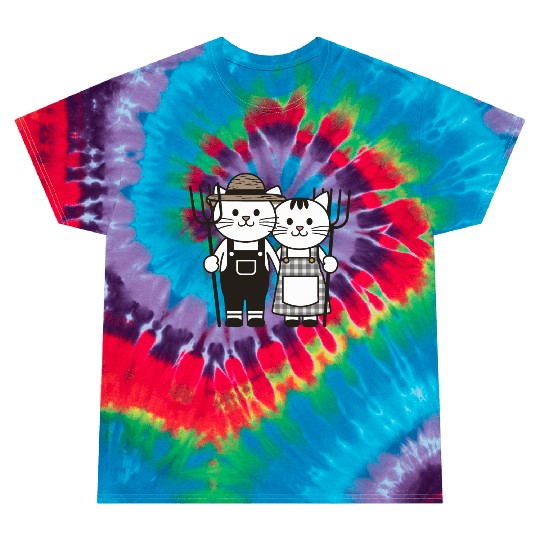 Farmer Cats Wearing Overalls and Gingham Dress Tie Dye T Shirts
