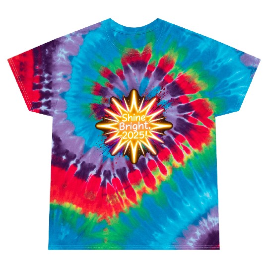 A large starburst glowing in neon light with 2025 Tie Dye T Shirts
