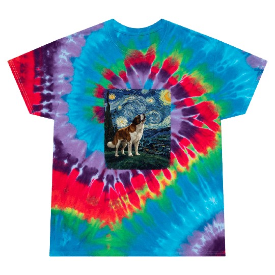 Saint Bernard Howling At Moon Starry Night Van Gog Tie Dye T Shirts