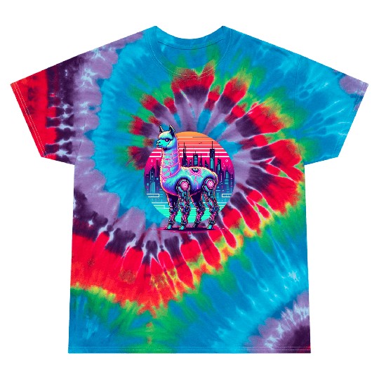 Futuristic Cyber Llama in Neon Cityscape Tie Dye T Shirts