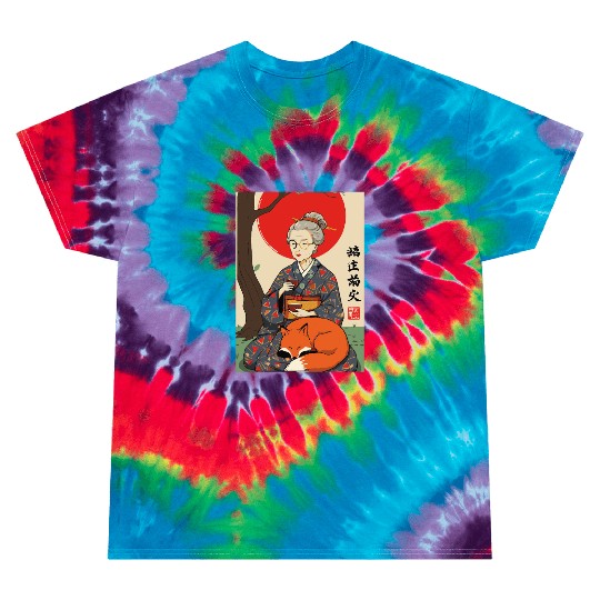 Older japanese mom sippin tea sitting with red fox Tie Dye T Shirts