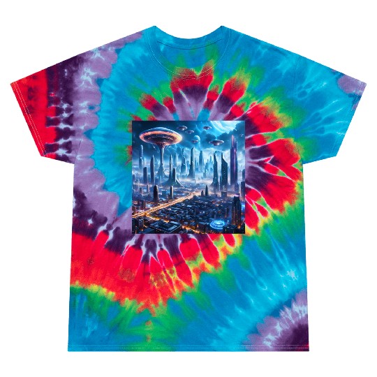 Cyberpunk World Cityscape with Alien Ufo Skies Tie Dye T Shirts