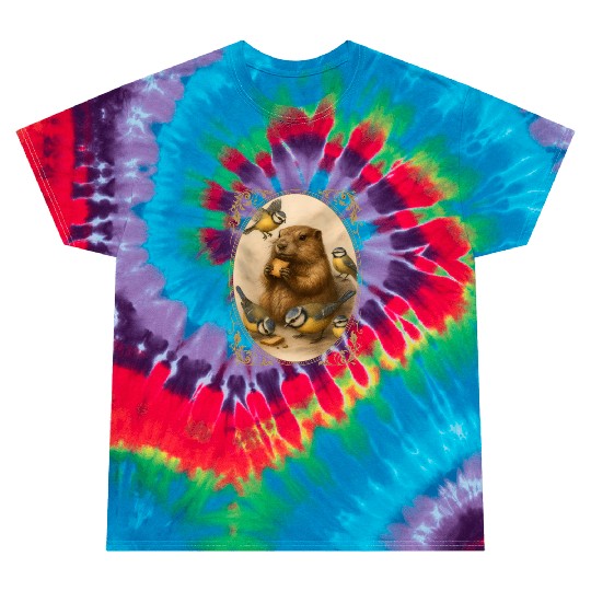Marmot groundhog cute animal eating with birds Tie Dye T Shirts