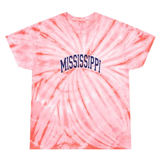 Discover Mississippi Varsity Style Navy Blue Text Pullover Tie Dye T Shirts
