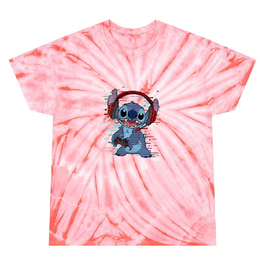 Womens Disneys Lilo Stitch Gamer Glitch Headset and Controller VNeck Tie Dye T-Shirts
