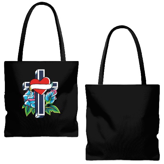 Cross with heart and roses tattoo Tote Bags (AOP)