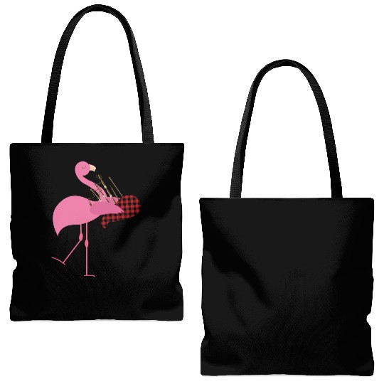 Cute Pink Flamingo Playing Bagpipes Musician Gift Tote Bags (AOP)
