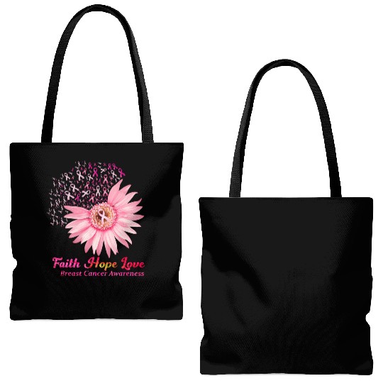 Faith Hope Love Breast Cancer Awareness Flower Pin Tote Bags (AOP)