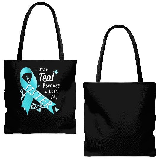 Love Sister Teal Ribbon Ovarian Cancer Awareness S Tote Bags (AOP)