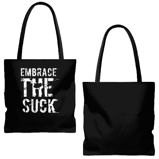 Embrace The Suck, White Tote Bags (AOP)