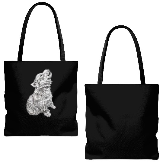 Cute Baby Howling Wolf Cub Sketch Tote Bags (AOP)