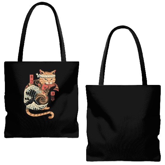 Funny Japanese Catana Wave Eating Koi Fish Tote Bags (AOP)