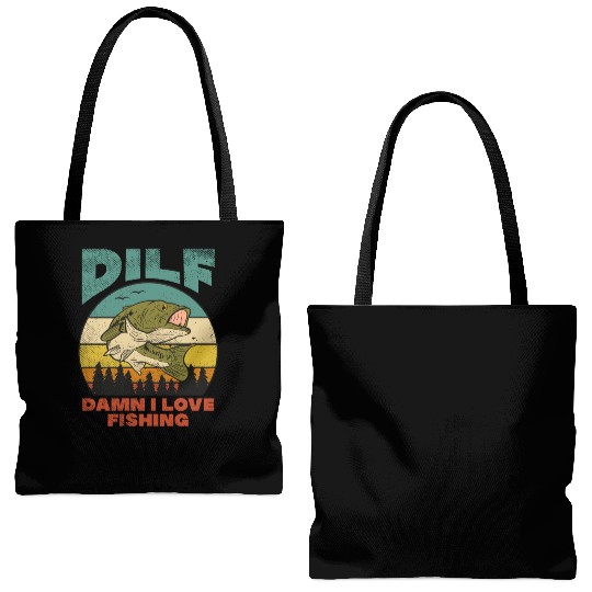 DILF Damn I Love Fishing Fisher Angler Bass Trout Tote Bags (AOP)