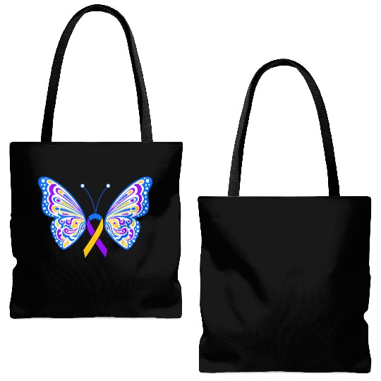 Bladder Cancer Purple Yellow Blue Ribbon Butterfly Tote Bags (AOP)