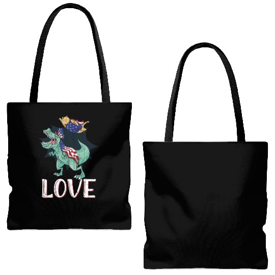 Love America Cat Dinosaur USA Flag 4th Of July Tote Bags (AOP)