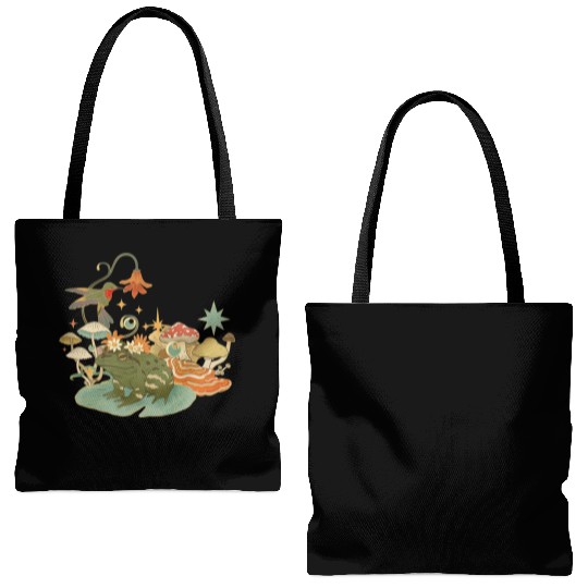 Cottagecore with frog, mushrooms and hummingbird Tote Bags (AOP)