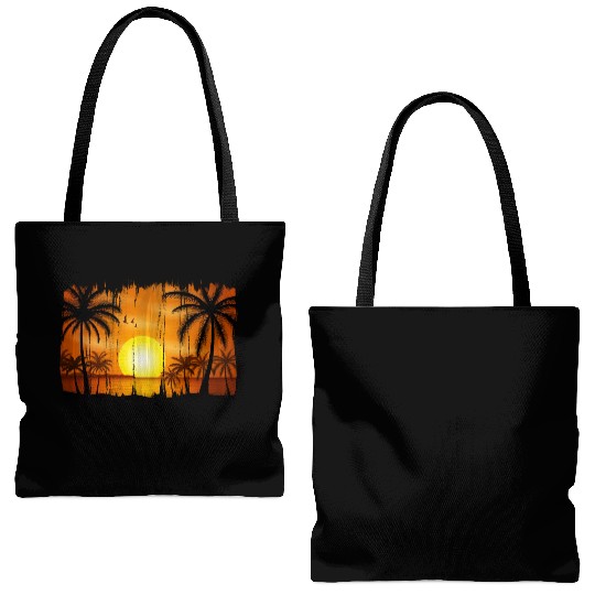 Retro Sunrise, Beach, Palm Trees, Vacation Tote Bags (AOP)