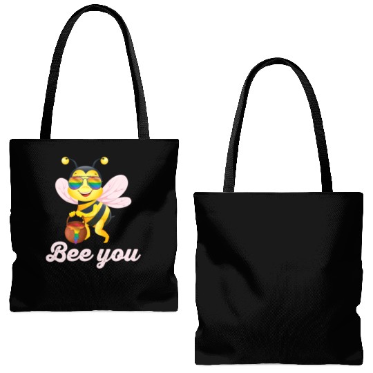 Cute Bee LGBT Gay Lesbian Pride Rainbow Honey Tote Bags (AOP)