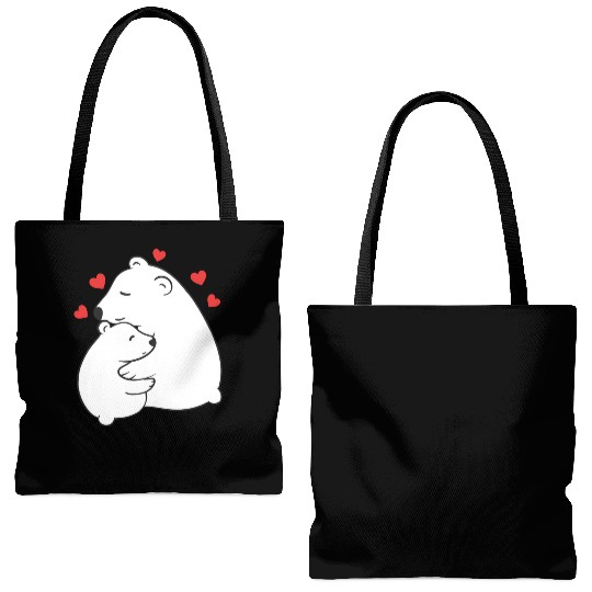 Cute Mama and Baby Polar Bear Cub Hugging Mothers Tote Bags (AOP)
