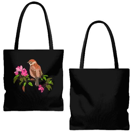 Sparrow on a branch pink flowers of an apple tree Tote Bags (AOP)