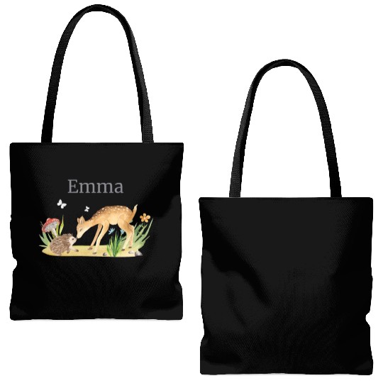 Forest Animal Deer Hedgehog Flowers Name Emma Tote Bags (AOP)