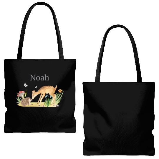 Forest Animal Deer Hedgehog Flowers Name Noah Tote Bags (AOP)
