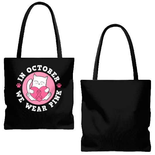 In October We Wear Pink Breast Cancer Warrior Cat Tote Bags (AOP)