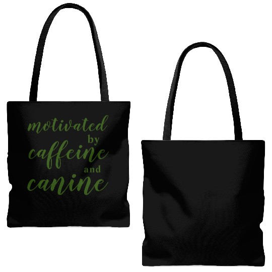 motivated by caffeine and canine Tote Bags (AOP)