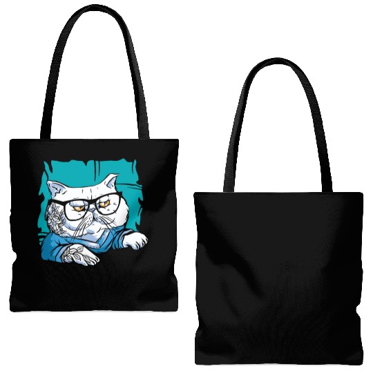 Stylish Nerd Persian Cat Beanie Glasses Tattoo Tote Bags (AOP)