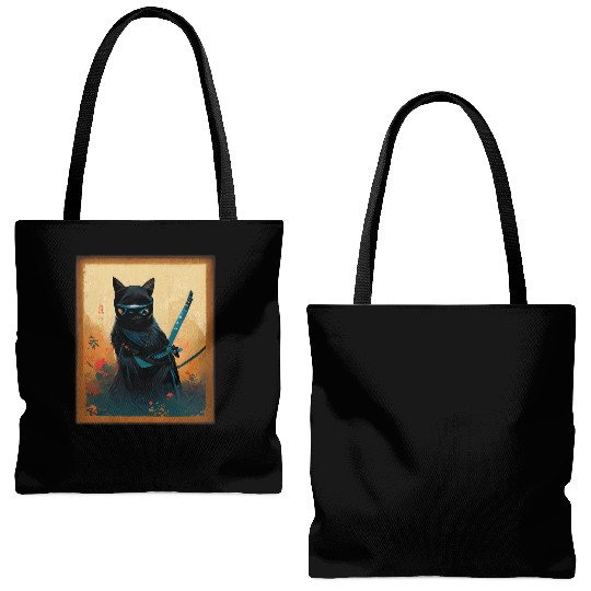 Black Cat Ninja Samurai Tote Bags (AOP)