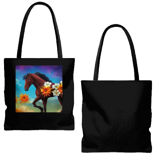Brown horse with orange white flowers drawing Tote Bags (AOP)