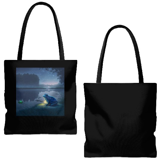 Blue Frog and Firefly on a pond at Night Tote Bags (AOP)