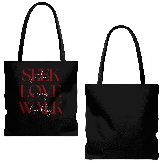 Seek Justice, Love Mercy, Walk Humbly Bible Verse Tote Bags (AOP)