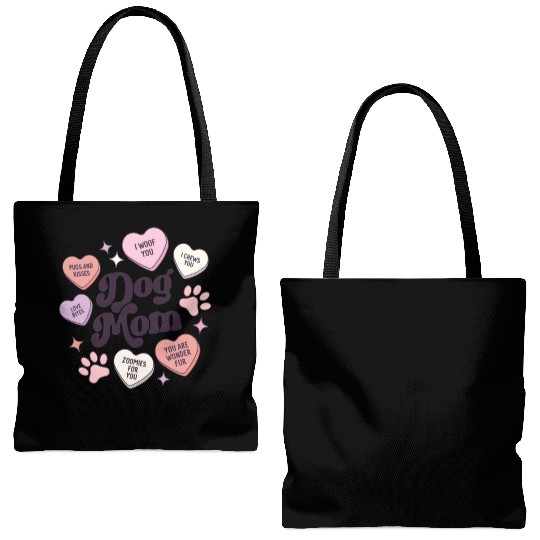 Dog Mom Valentines Day Candy Hearts Galentines Tote Bags (AOP)