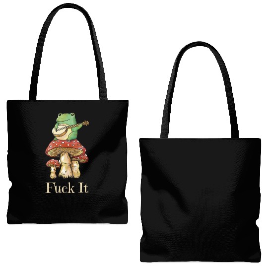 Cottagecore Frog Playing Guitar says Fuck It Tote Bags (AOP)