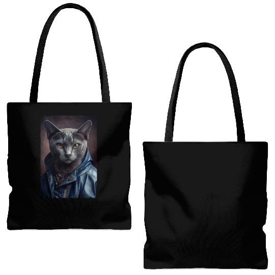 Russian Blue Cat Breed Portrait wears a leather j Tote Bags (AOP)