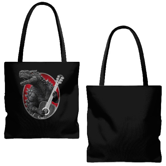 Kaiju playing guitar Tote Bags (AOP)